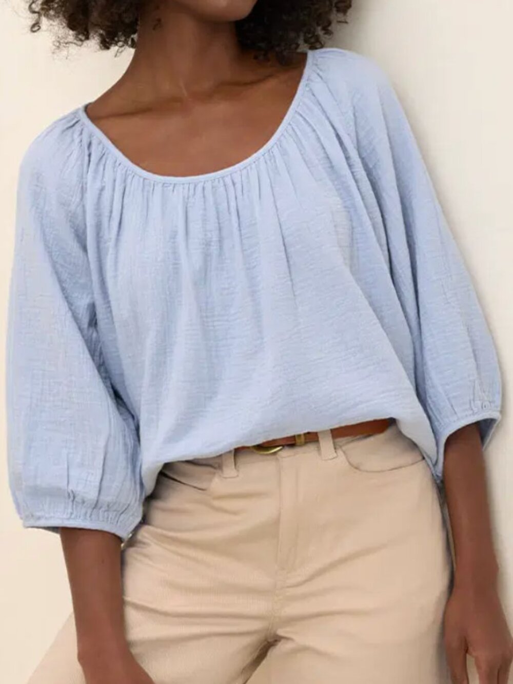 Pact | Organic Cotton Coastal Double Gauze Scoop Neck Top in Light Blue | XS